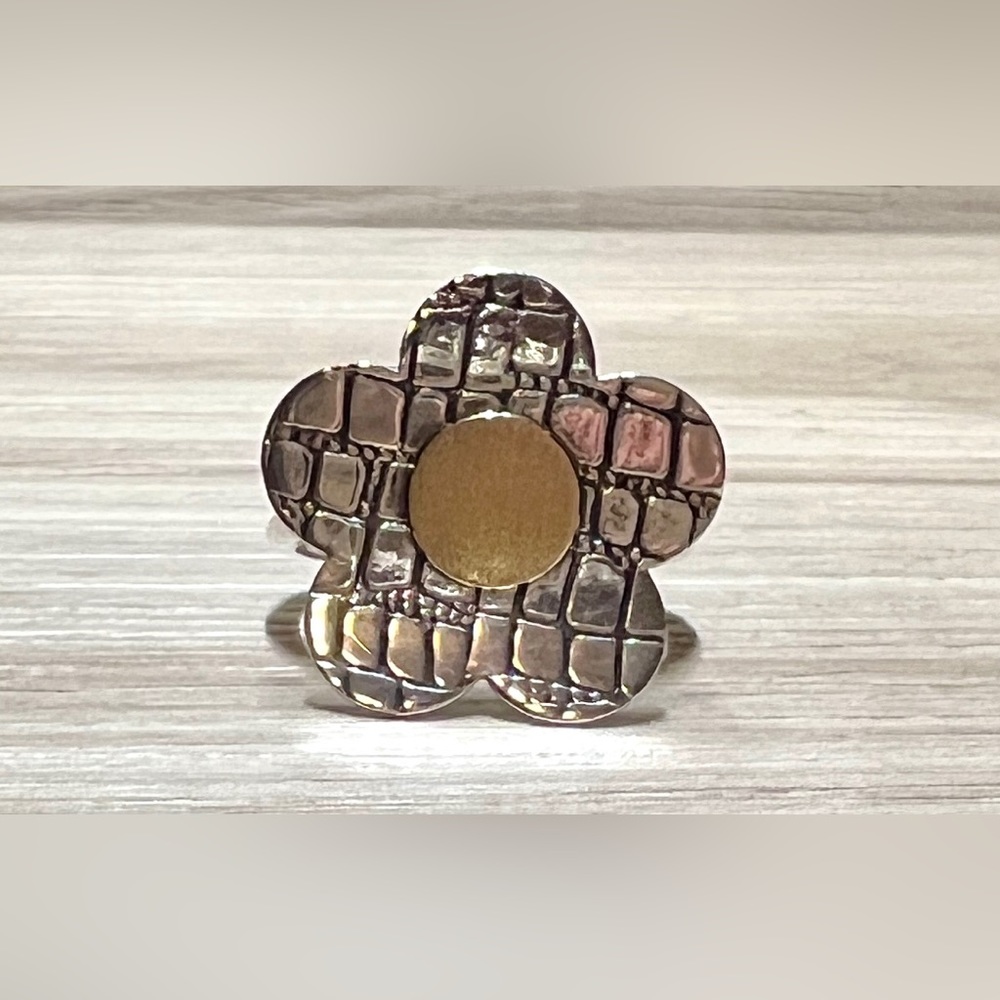 Retro Designer Sterling Silver & Gold Modernist Textured Flower Ring, Size 8 - Picture 3 of 10